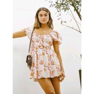 Sabo Skirt Havana Floral Mini Dress Linen Blend Puff Sleeve Milkmaid Small